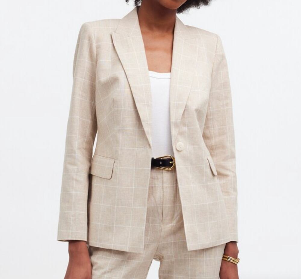 Madewell Sesame Maeve Glen Plaid Slim Blazer Linen Cotton Blend NWT Size 6